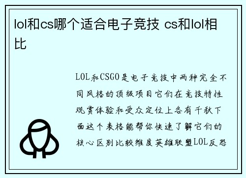 lol和cs哪个适合电子竞技 cs和lol相比